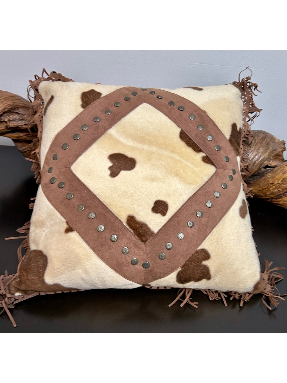 Westerncore Cow Print Pillow Studded Fringe Cowboy Cowgirl Ranch Rustic Decor